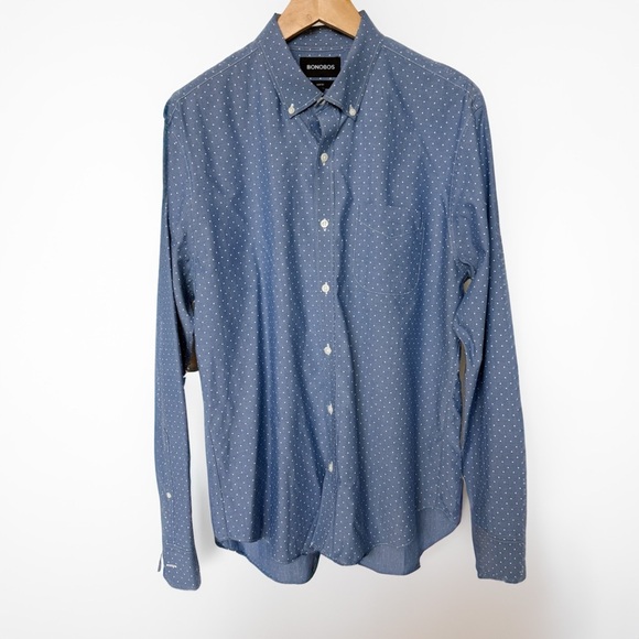Bonobos Men's L Blue Polka Dot Chambray Slim Fit Button Down Shirt Casual Cotton - Picture 2 of 10